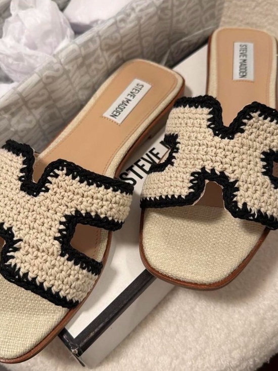 Steve Madden Shoes - Steve Madden Beige Crochet Slide Sandals with Black Trim